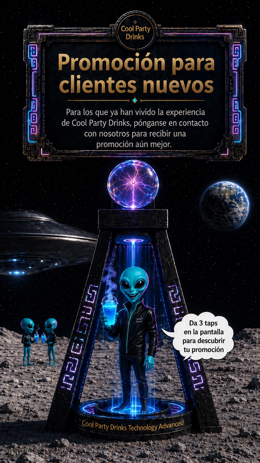 Promoción para clientes nuevos de Cool Party Drinks. Da 3 taps en la pantalla para descubrir tu promoción.